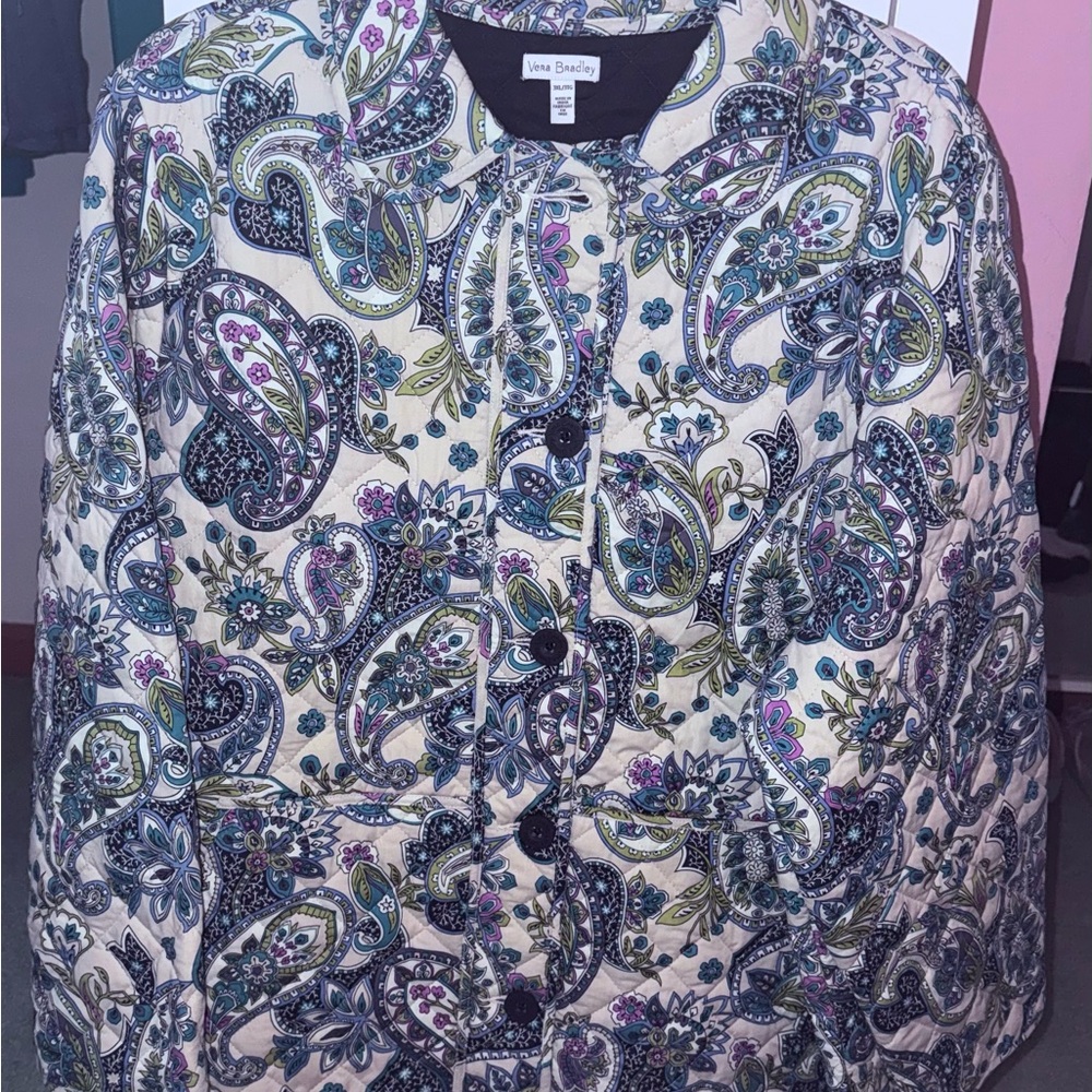 Vera Bradley Cream Paisley Quilted Button Jacket with Blue & Green Accents